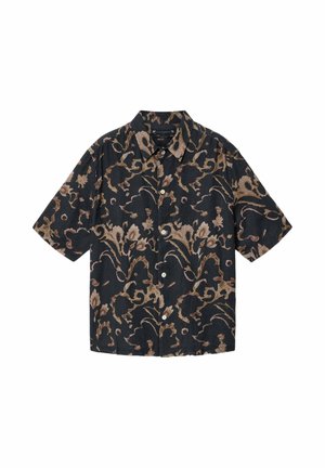 Sort kortærmet skjorte med knapper, med brune blomster- og abstrakte swirl-mønstre, spredt krave og cremefarvede knapper.