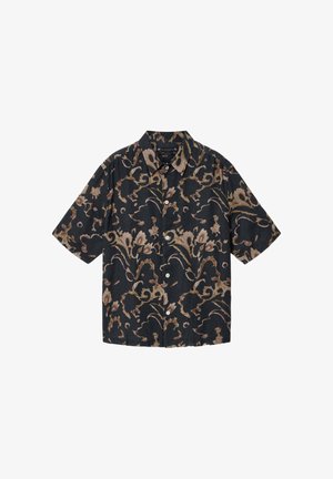 Musta lyhythihainen napitettava paita, jossa on ruskeita kukka- ja abstrakteja pyörrekuvioita, leveä kaulus ja kermaan vivahtavat napit.