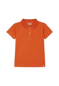 Korte mouwen polo-shirt in fel oranje met horizontale strepen, een puntige kraag en een drie-knopen sluiting. Zacht katoen weefsel.