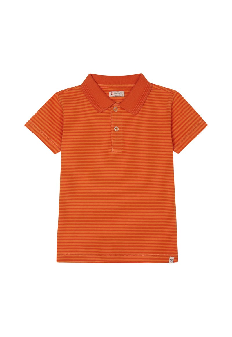 Korte mouwen polo-shirt in fel oranje met horizontale strepen, een puntige kraag en een drie-knopen sluiting. Zacht katoen weefsel.