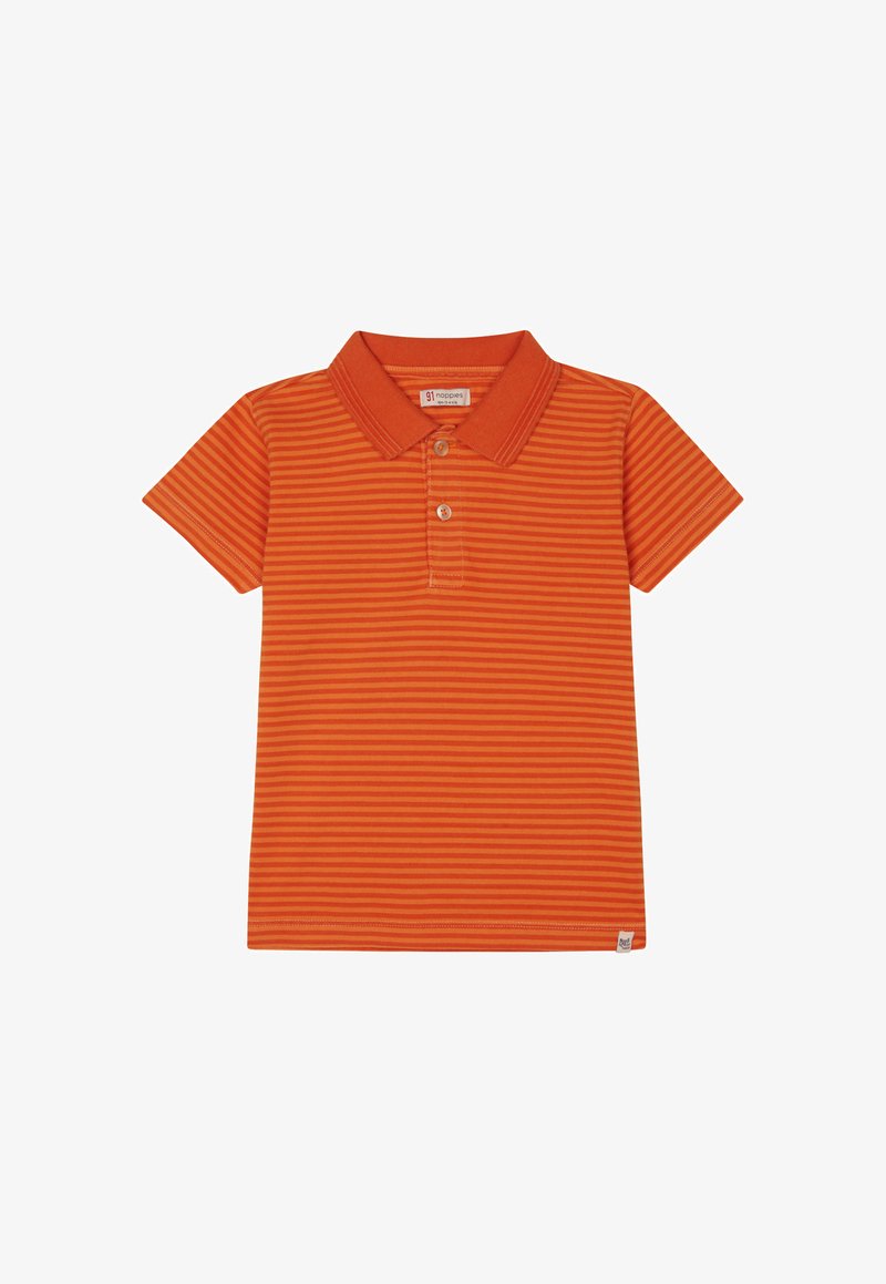 Korte mouwen polo-shirt in fel oranje met horizontale strepen, een puntige kraag en een drie-knopen sluiting. Zacht katoen weefsel.