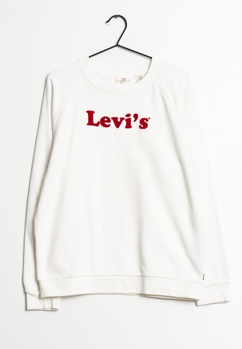 Sweatshirt blanc à manches longues et poignets côtelés. Présente le logo "Levi's" en texture velours rouge sur le devant. Encolure ras du cou classique.