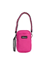 Roze nylon schoudertas in een rechthoekige vorm, voorzien van een gevlochten schouderband en een logo patch. Heeft een gladde textuur en een ritssluiting.