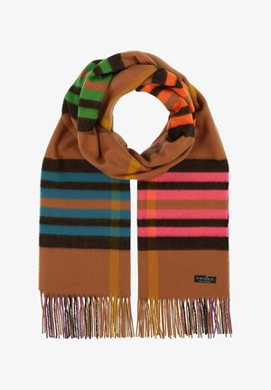 Hnědá šála s vícebarevnými pruhy v zelené, oranžové, růžové a modré. Dokončena dlouhými třásněmi v různých barvách. Měkká textura.