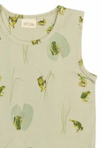 Haut sans manches vert clair avec un motif de grenouilles et de nénuphars, fabriqué à partir d'un tissu doux avec un col rond et une texture lisse.