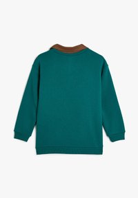 Teal sweatshirt med en brun krage, med långa ärmar och ribbade muddar. Tillverkad av mjukt tyg, med en avslappnad passform och inga synliga tryck.