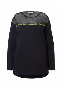 Zwarte lange mouwen top met een mesh bovenstuk en neon tekst met de tekst "ANGEL." De stof heeft een gladde textuur met een afgeronde zoom.