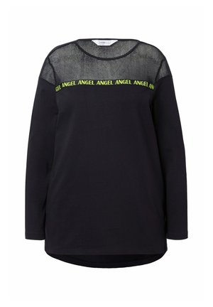 Zwarte lange mouwen top met een mesh bovenstuk en neon tekst met de tekst "ANGEL." De stof heeft een gladde textuur met een afgeronde zoom.