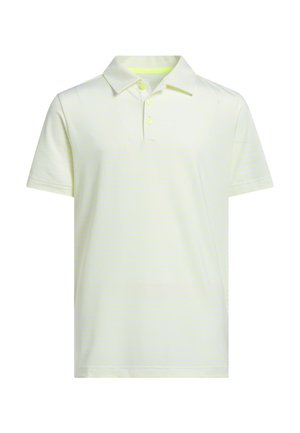 Kurzärmliges Poloshirt mit dezenten gelben und weißen horizontalen Streifen, einem Kragen und einer zweiknöpfigen Knopfleiste auf weißem Hintergrund.