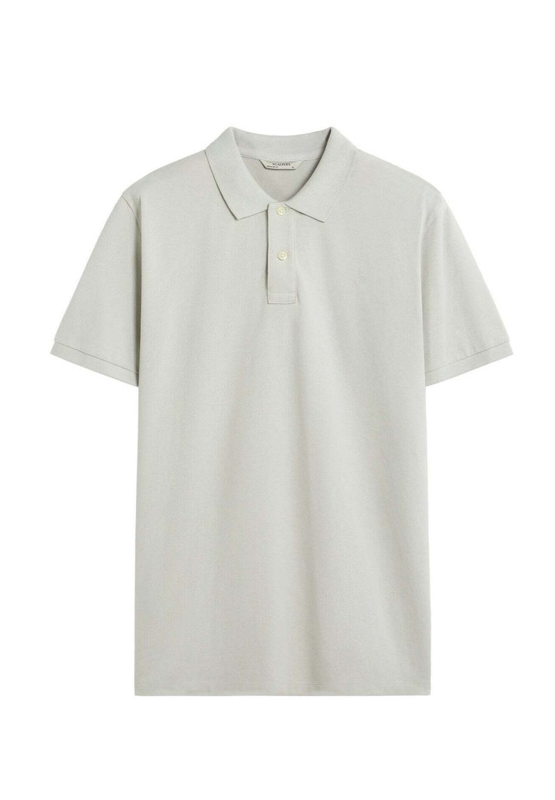Polo de color gris claro fabricado en una suave tela texturizada. Mangas cortas, un cuello clásico y detalle de tapeta con tres botones.