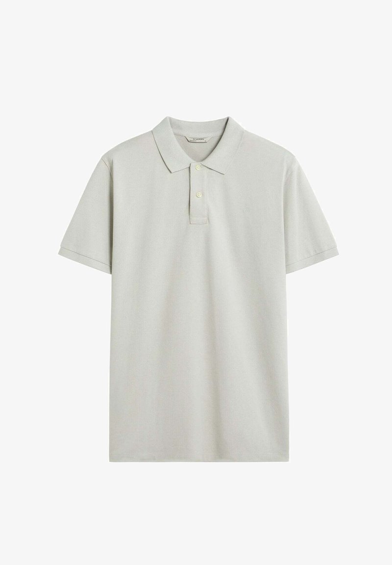 Lichtgrijze polo shirt van een zachte, gestructureerde stof. Korte mouwen, een klassieke kraag en een detail met drie knopen.