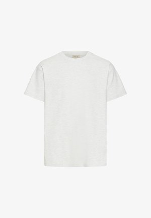 Hvid, ensfarvet T-shirt med korte ærmer, rund hals og lige kant samt en lille mærkat synlig inde i kraven.