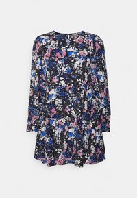 Vestido floral com base preta e estampado em azul, rosa e branco. Mangas longas com um corte relaxado e decote redondo. Tecido suave.