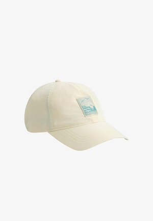 Beige baseballpet met een genaaid rechthoekig embleem waarop golven, vogels en het woord "Nantucket" in blauw en wit te zien zijn.