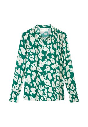 Groene blouse met knopen en een wit abstract bloemenpatroon, lange mouwen, kraag en manchetten met knopen.