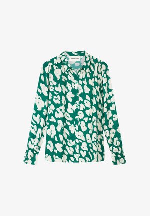 Groene blouse met knopen en een wit abstract bloemenpatroon, lange mouwen, kraag en manchetten met knopen.