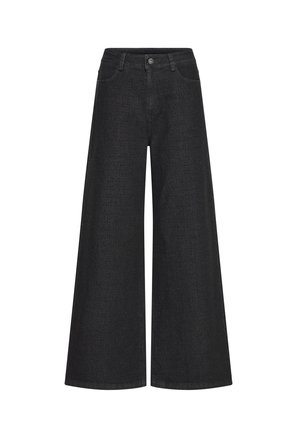 Vidde ben sorte denim bukser med et struktureret mønster, fem lommer, lukning med knap fortil og en let glans.