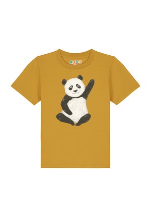 Gelbes Baumwoll-T-Shirt mit einem schwarz-weißen Panda-Graphic, der sitzt und eine Pfote hebt. Kurze Ärmel und runder Ausschnitt.