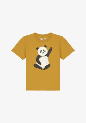Gelbes Baumwoll-T-Shirt mit einem schwarz-weißen Panda-Graphic, der sitzt und eine Pfote hebt. Kurze Ärmel und runder Ausschnitt.
