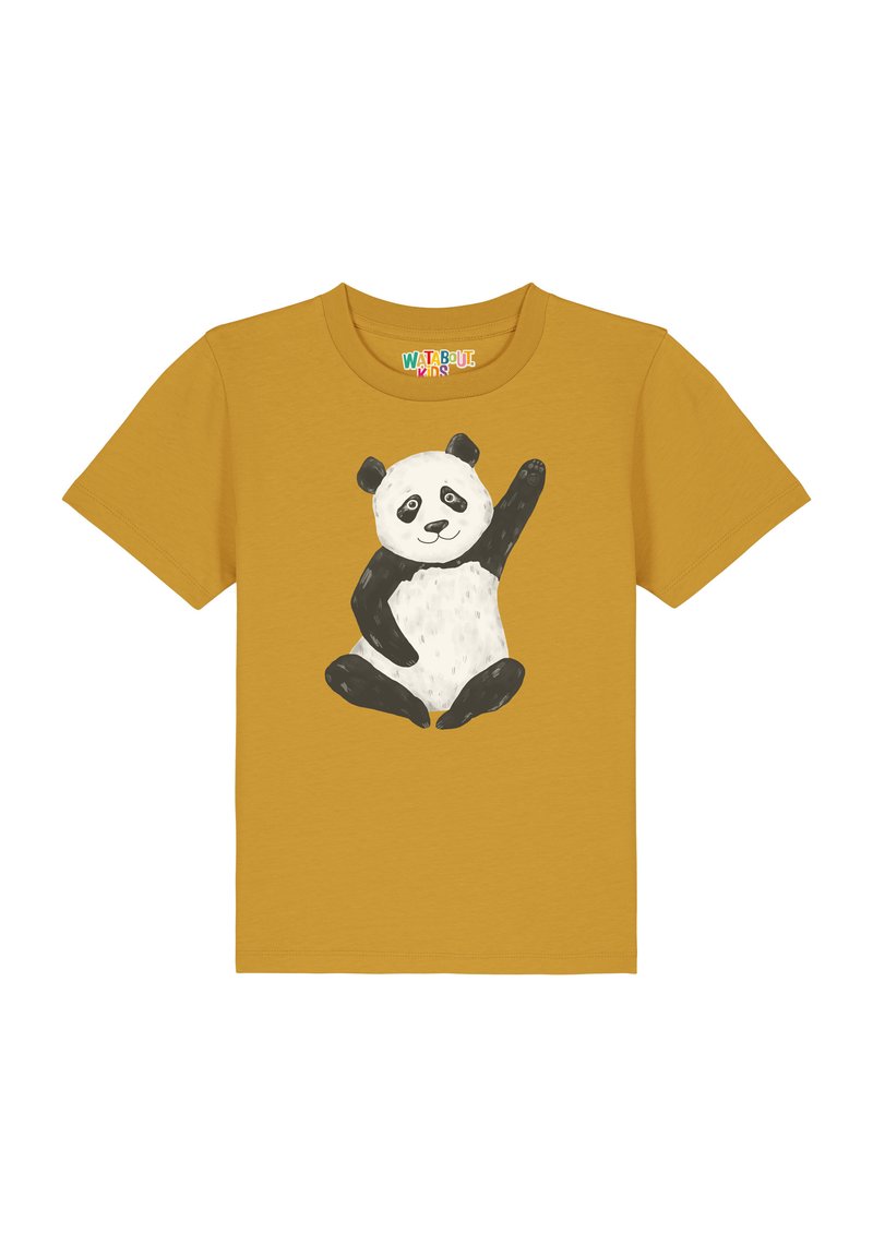 T-shirt en coton jaune avec un graphique de panda noir et blanc, assis avec une patte levée. Manches courtes et encolure ronde.