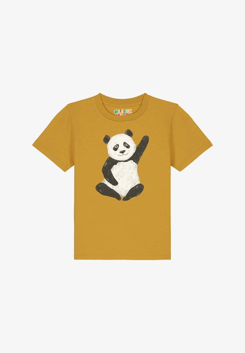T-shirt en coton jaune avec un graphique de panda noir et blanc, assis avec une patte levée. Manches courtes et encolure ronde.