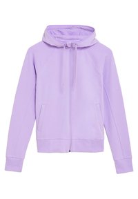 Sudadera con cremallera de color lavanda, con capucha ajustable, mangas raglán, dos bolsillos laterales, puños de canalé y una tela suave con una textura ligeramente distinta.