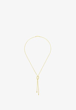 Zelta toņa ķēdes kaklarota ar mezgla dizainu, kurai pievienotas divas karājošas virtenes. Gluda tekstūra un elegants apdare uzlabo tās vizuālo pievilcību.