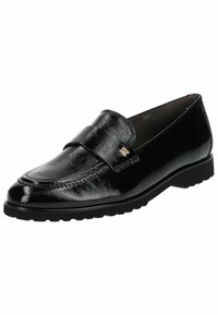 Mocassin en cuir noir brillant avec talon bas, semelle texturée et petit ornement métallique doré près de la couture latérale.