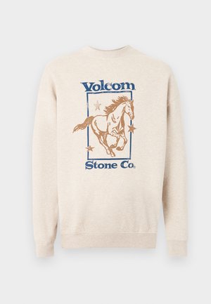 Μπεζ φούτερ με μπλε κείμενο "Volcom Stone Co.", με ένα καφέ άλογο που τρέχει περιτριγυρισμένο από τρία αστέρια μέσα σε ορθογώνιο πλαίσιο.