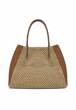 Sac à main avec centre en tissu beige tissé et côtés et poignées en cuir marron lisse, forme trapézoïdale, sur fond blanc.