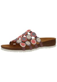 Brown cork footbed sandal with a T-strap design, featuring multicolored circular accents in red, pink, and gray, on a white rubber sole.
