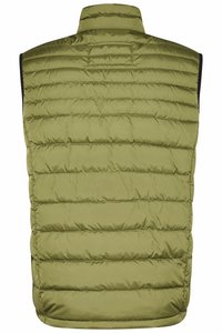 Olivgrüne Steppweste mit hohem Kragen, horizontalem Steppmuster und schwarzen Seitenpaneelen. Leicht, mit glatter Textur und Reißverschluss.