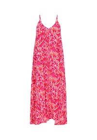 Kes dresses dengan tali tipis, menampilkan pola bunga cerah dalam nuansa pink, oranye, dan krim. Kain ringan, potongan santai, panjang sampai lutut.