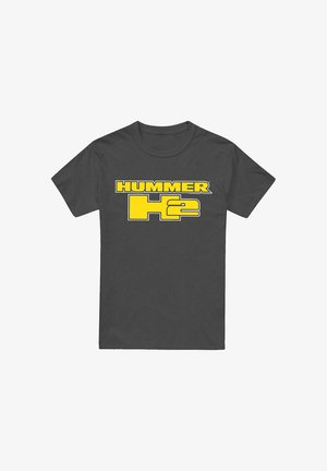 Gray cotton t-shirt featuring bold yellow text reading "HUMMER H2." Short sleeves and crew neck design. Simple, casual style.