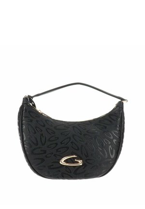 Bolso negro curvado con patrones abstractos en relieve y emblema "G" en tono dorado, correa corta y cierre superior con cremallera.