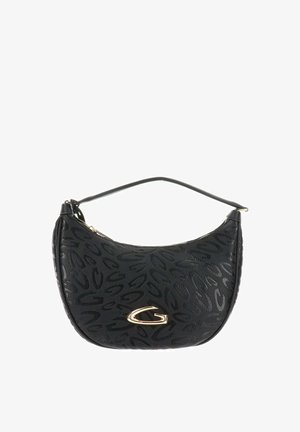 Bolso negro curvado con patrones abstractos en relieve y emblema "G" en tono dorado, correa corta y cierre superior con cremallera.