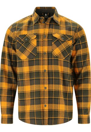 Flanellipaita, jossa on keltainen ja vihreä ruudullinen kuvio, pitkät hihat, napitettava etuosa ja kaksi rintataskua, joissa on terävät läpät.