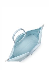 Borsa a tracolla azzurro chiaro in materiale sintetico liscio, con chiusura a zip e manici corti. L'interno presenta una fodera spaziosa di colore uniforme.