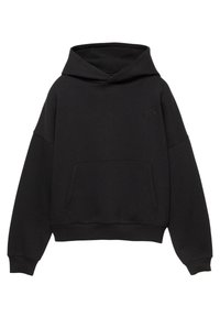 Czarny oversize hoodie z kieszenią z przodu i małym logo na piersi, z prążkowanymi mankietami i dołem.