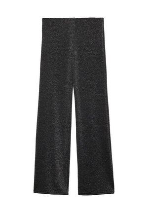 Pantaloni neri a gamba larga realizzati in un tessuto texturizzato e luccicante, con una vita elastica. Il design è fluido e ampio in tutto il capo.