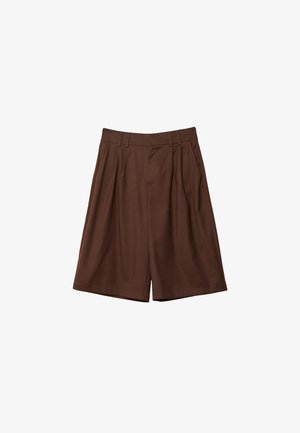 Brune, plissede shorts lavet af et glat stof, der har dobbelte forlommer og en skræddersyet pasform, med en talje og bælteløkker.