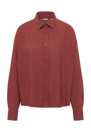 Long-sleeve, button-up shirt with collar in rust red, featuring buttoned cuffs and a relaxed fit, made from textured fabric.