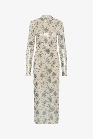 Langärmliges Kleid in Cream mit metallisch silbernen floralen Pailletten, hohem Ausschnitt und geradem Schnitt, der bis zur Mitte der Wade reicht. Reißverschlussverschluss hinten.