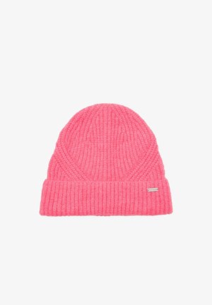 Bonnet en tricot de couleur rose vif. Présente une texture côtelée, un revers et une petite étiquette sur le côté. Design décontracté et chaud.
