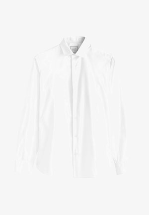 Biała, długorękawowa koszula zapinana na guziki, wykonana z gładkiego materiału, z klasycznym kołnierzykiem i małymi zapięciami na guziki z przodu.