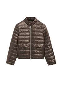 Bronze puffer jacket with a high collar, front zip closure, and side pockets. Features a quilted design with a glossy texture.
