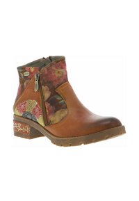 Bottine en cuir marron avec accent textile floral, fermeture zippée sur le côté et talon bloc à motif. Présente des coutures vertes et une semelle en caoutchouc.