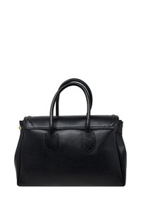 Černá kožená kabelka s texturovaným povrchem, zaoblenými uchy a zipovým uzávěrem. Má strukturovaný obdélníkový tvar a zlaté kování.