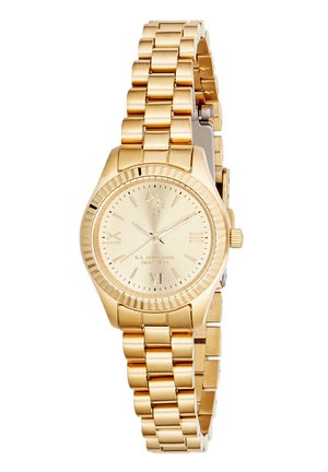 Orologio da polso in metallo tono oro con bracciale a maglie, quadrante rotondo con numeri romani e logo alle 12, display analogico con tre lancette.