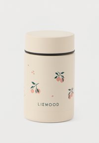 Μπεζ θερμαινόμενο δοχείο φαγητού με μαύρο δαχτυλίδι, διακοσμημένο με τυπωμένο σχέδιο ροζ κερασιών και πράσινων φύλλων, με την ένδειξη "LIEWOOD" στη βάση.
